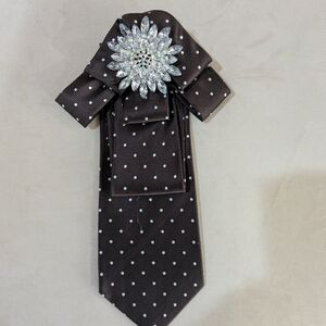Brown Polka Dot Tie with Crystal Brooch